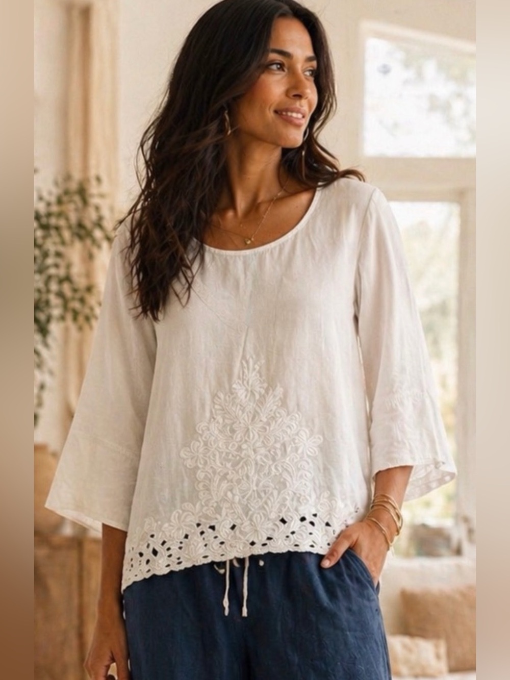 Grace Elements White Linen/Rayon Top L